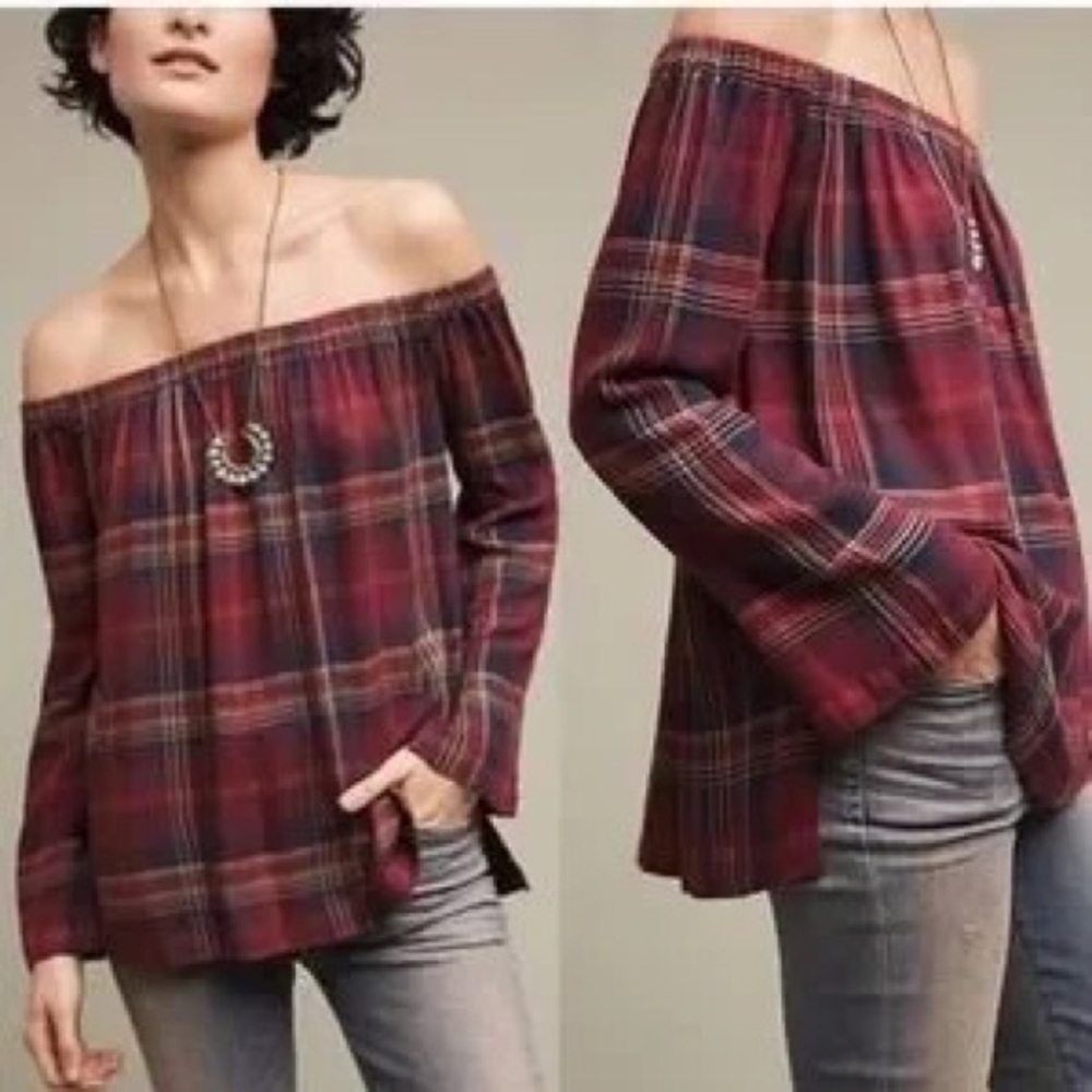 Anthropologie Red Plaid Off-Shoulder Top